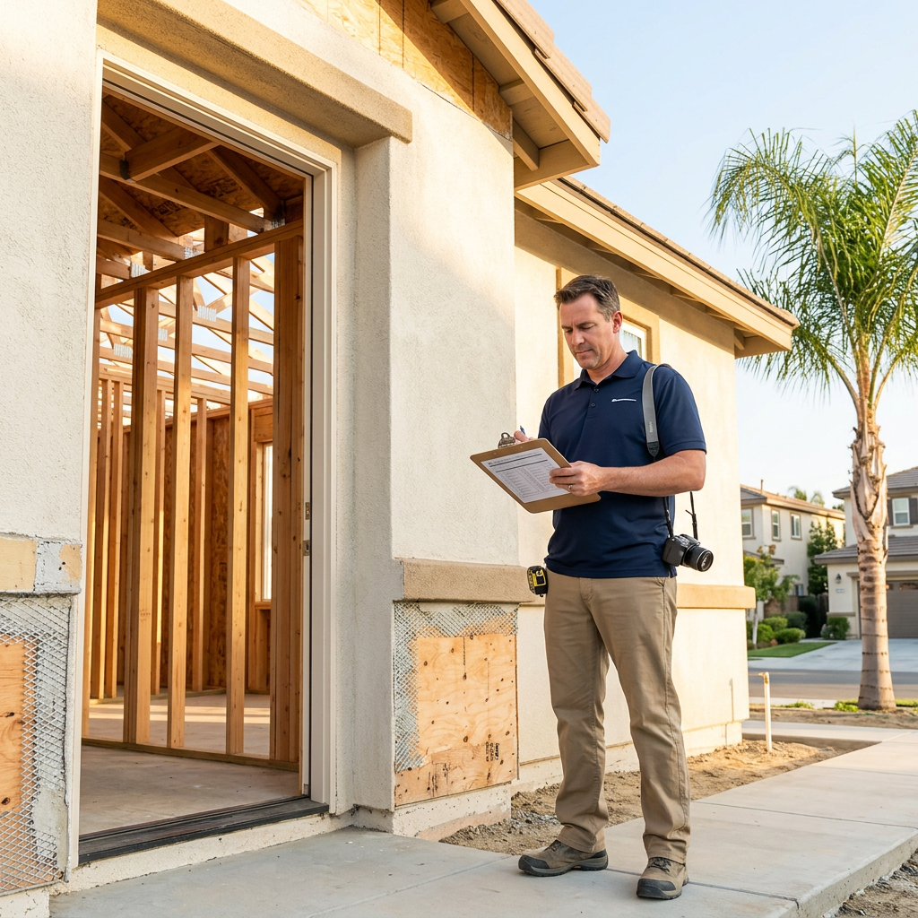 Independent home inspector reviewing notes outside new construction home