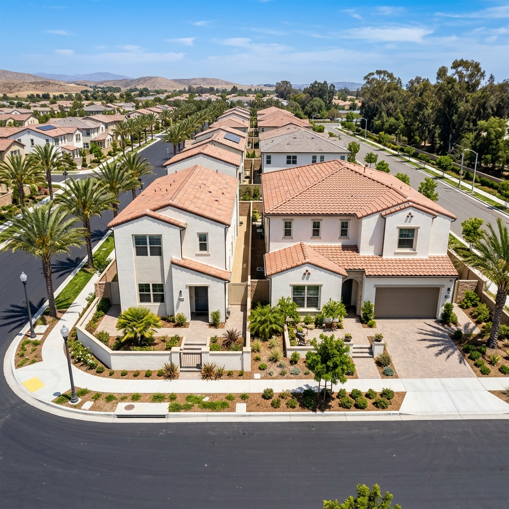 Aerial view comparing compact and larger new construction homes
