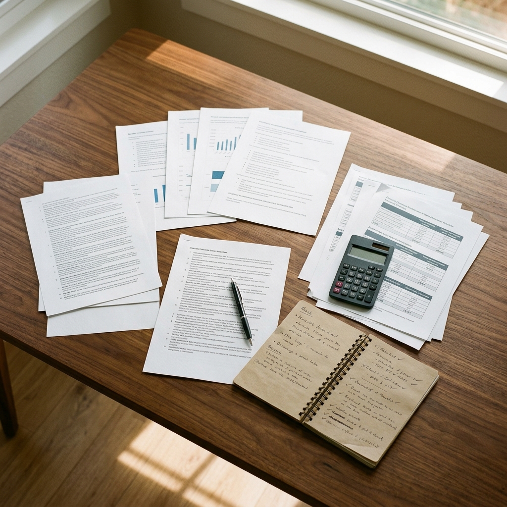 Builder incentive documents and notes on desk overhead