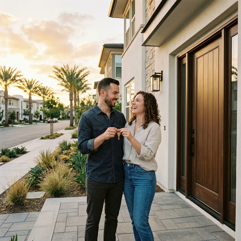 New homeowners with key at front door at sunset