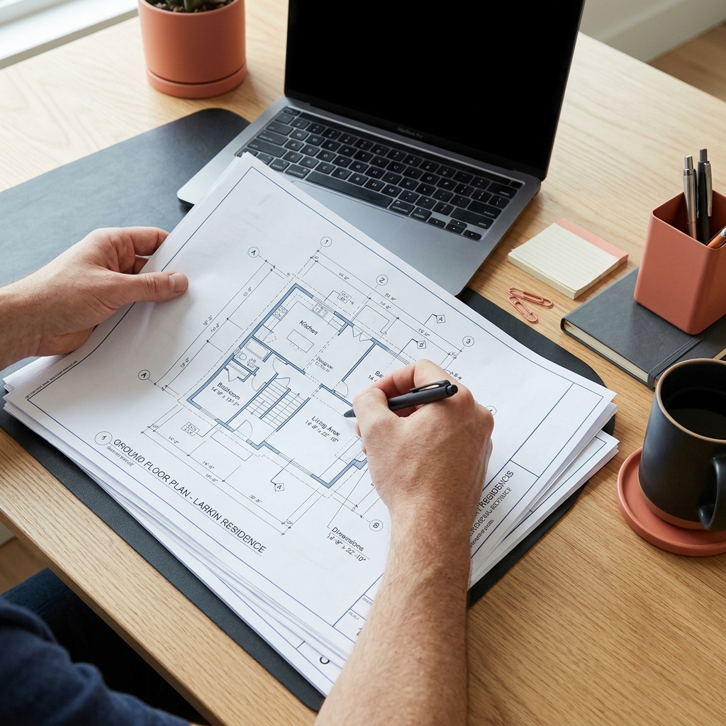 Close-up of hand marking architectural blueprint on desk