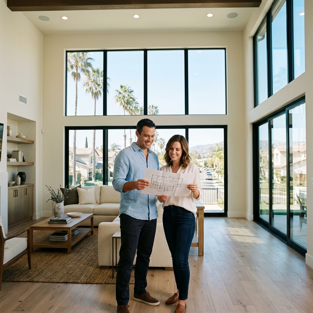 Couple reviewing floor plan inside bright new construction model home
