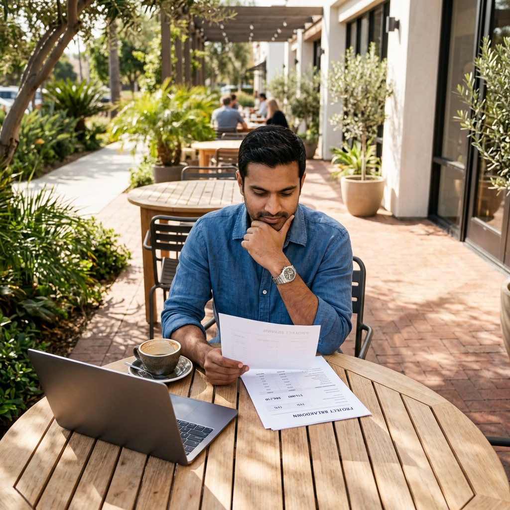 Man reading financial document at sunny outdoor café table
