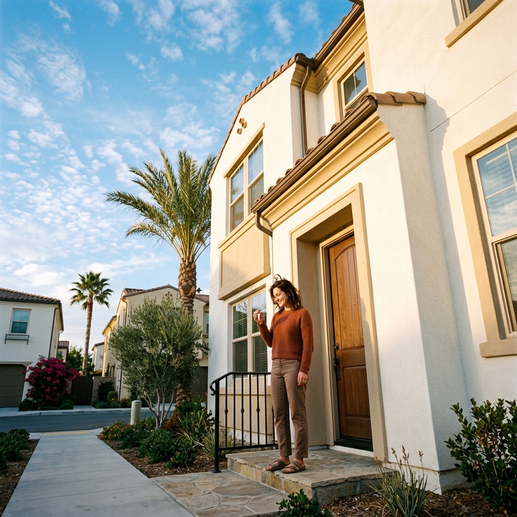 Woman holding house key on doorstep of new SoCal construction home