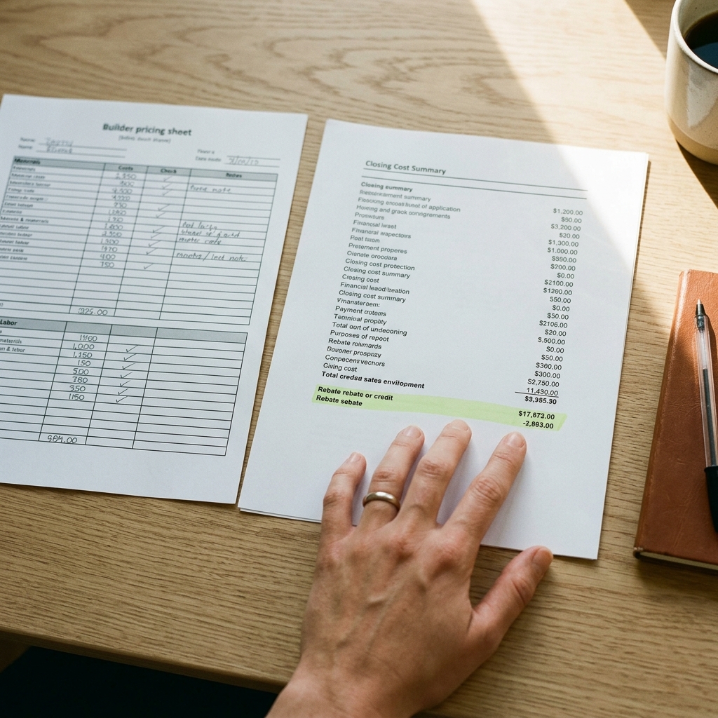 Hand comparing builder pricing document and buyer rebate closing summary