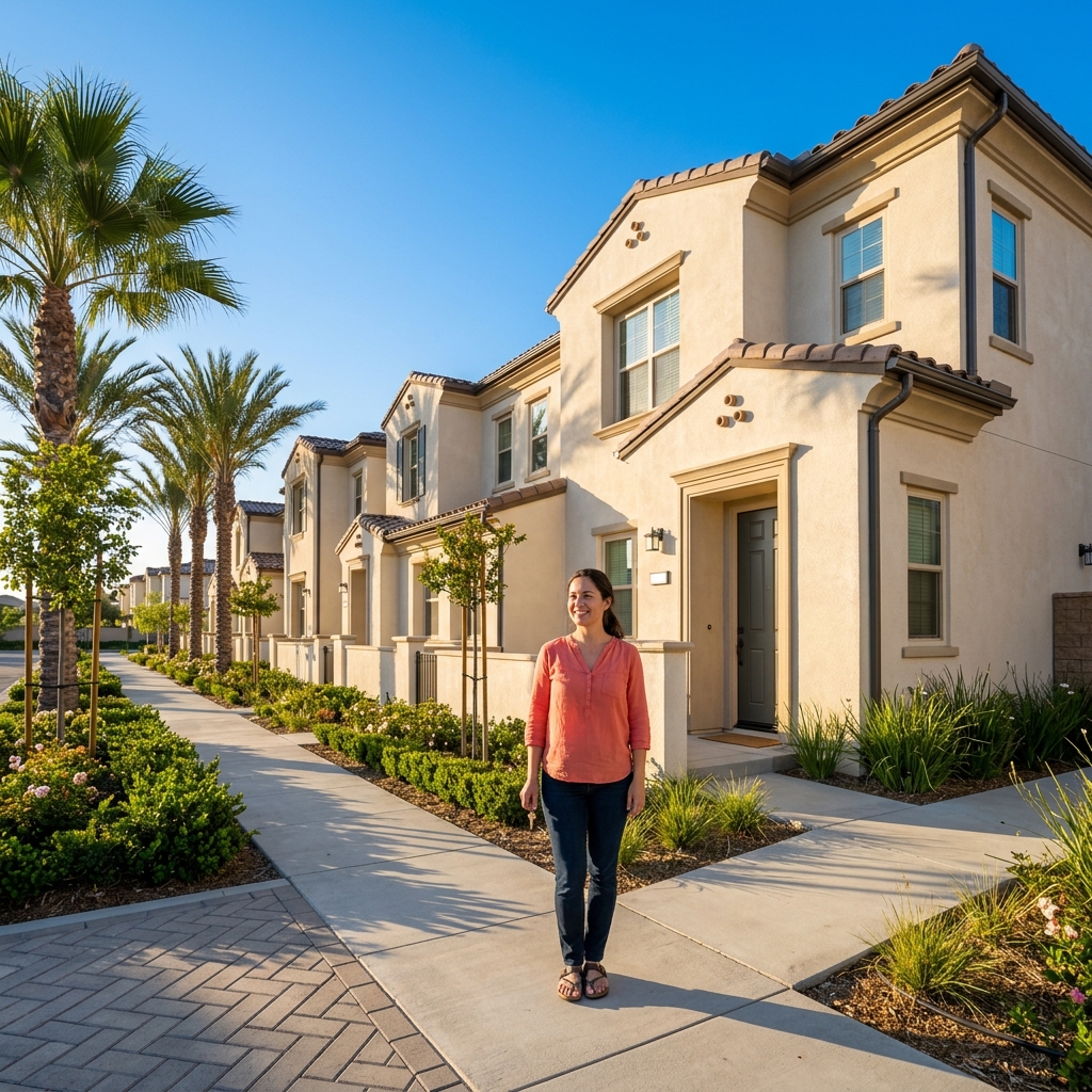 Woman holding house key outside newly built Southern California home