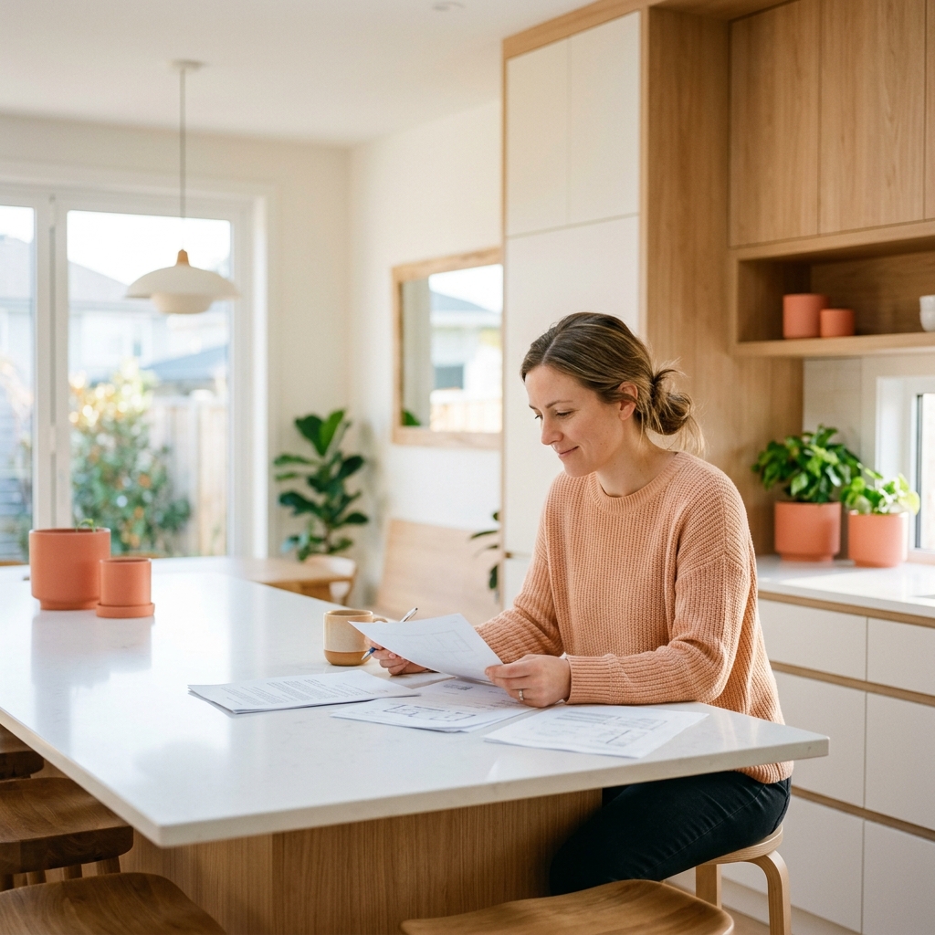 Woman reviewing home purchase documents at new construction purchase kitchen
