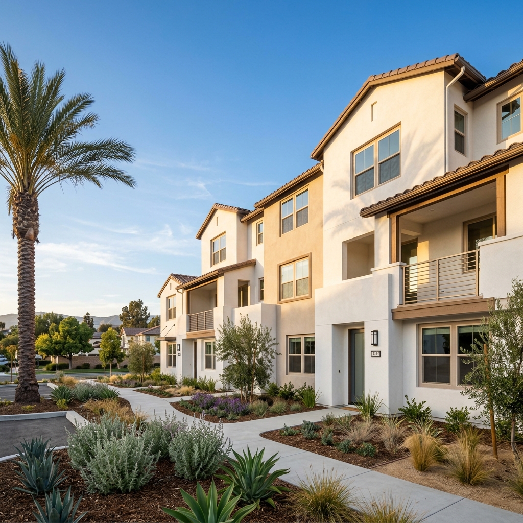Newly built Southern California townhomes under clear blue sky