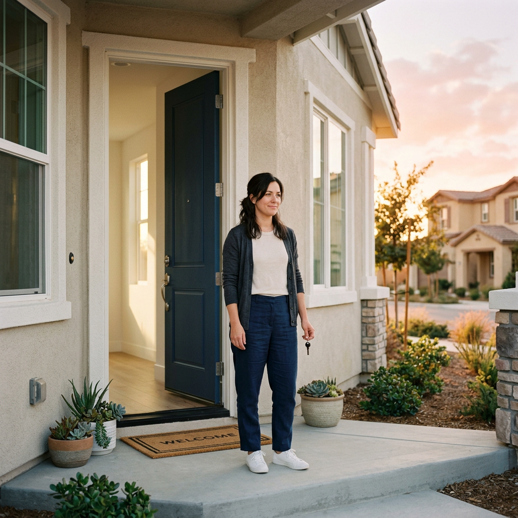 Woman holding house key at new construction home doorstep