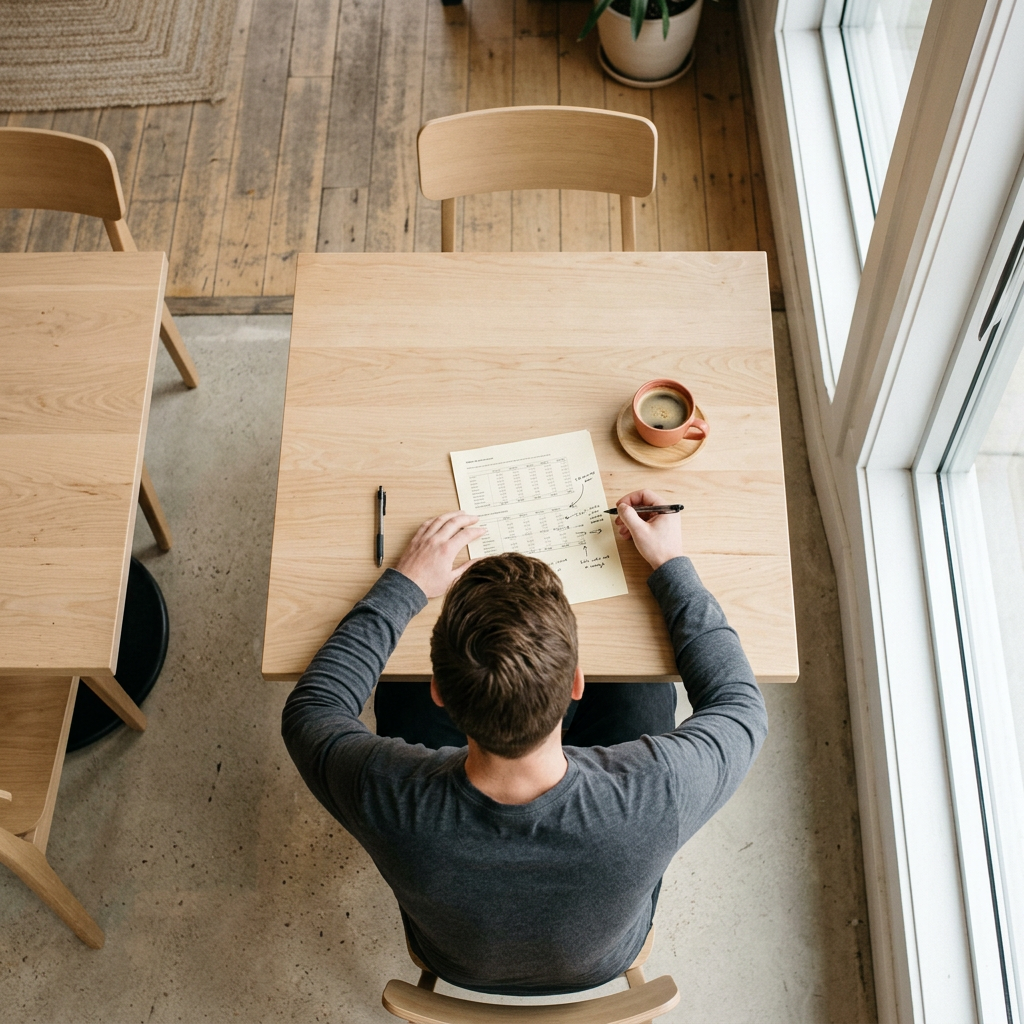 Man reviewing new home purchase cost breakdown at coffee shop