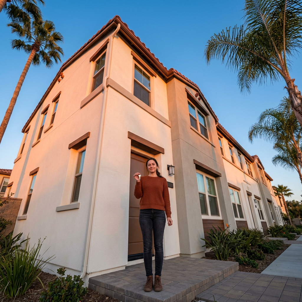 Woman holding house key outside new construction SoCal home
