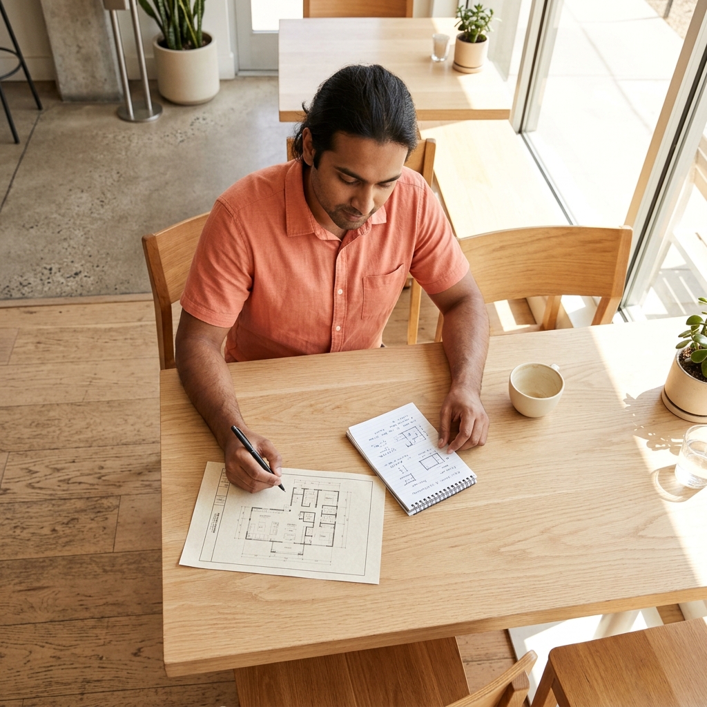 Man reviewing new construction floor plans at coffee shop table
