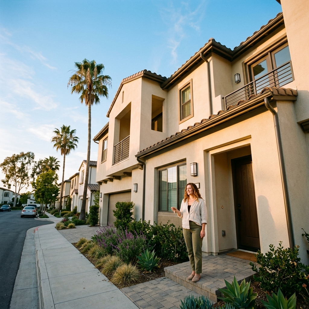 Woman holding house key outside new SoCal suburban home