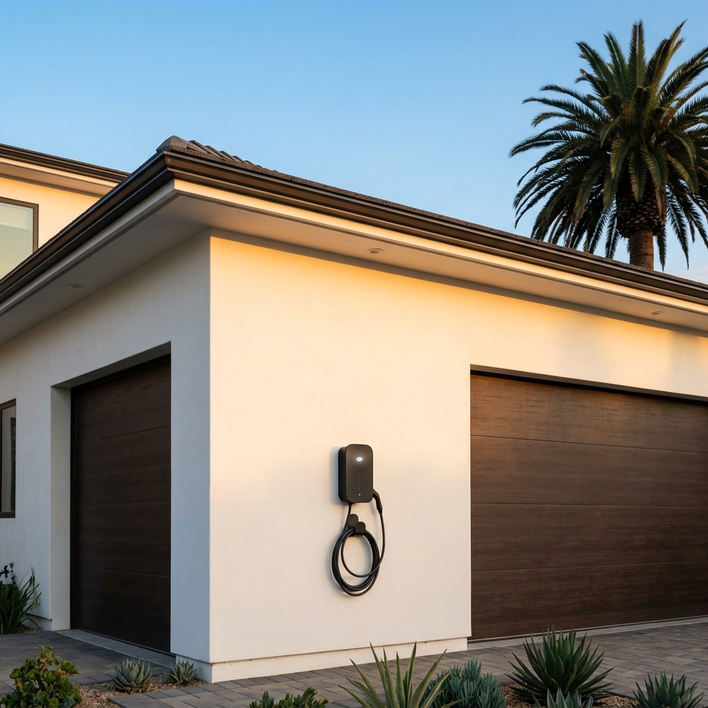 EV charger on new construction Southern California home exterior