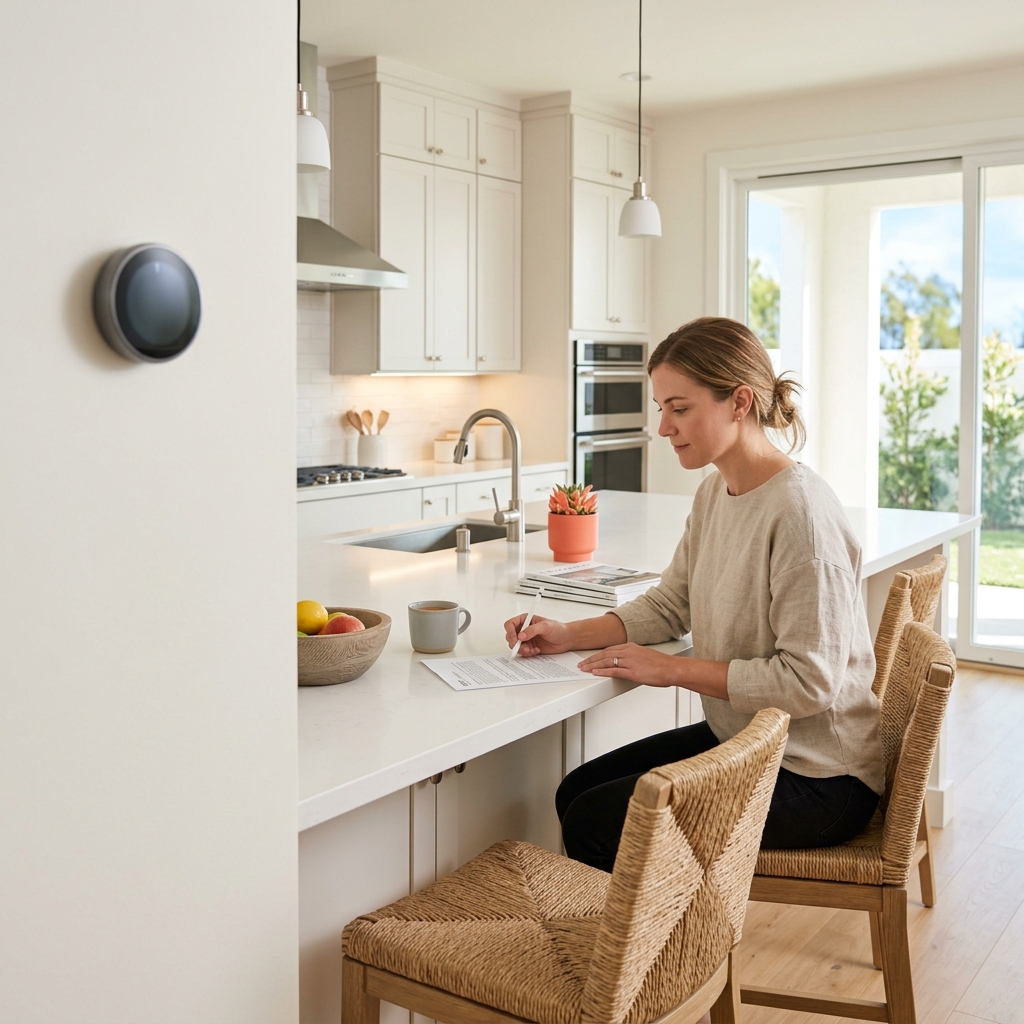 Woman reviewing new construction documents near smart thermostat wall