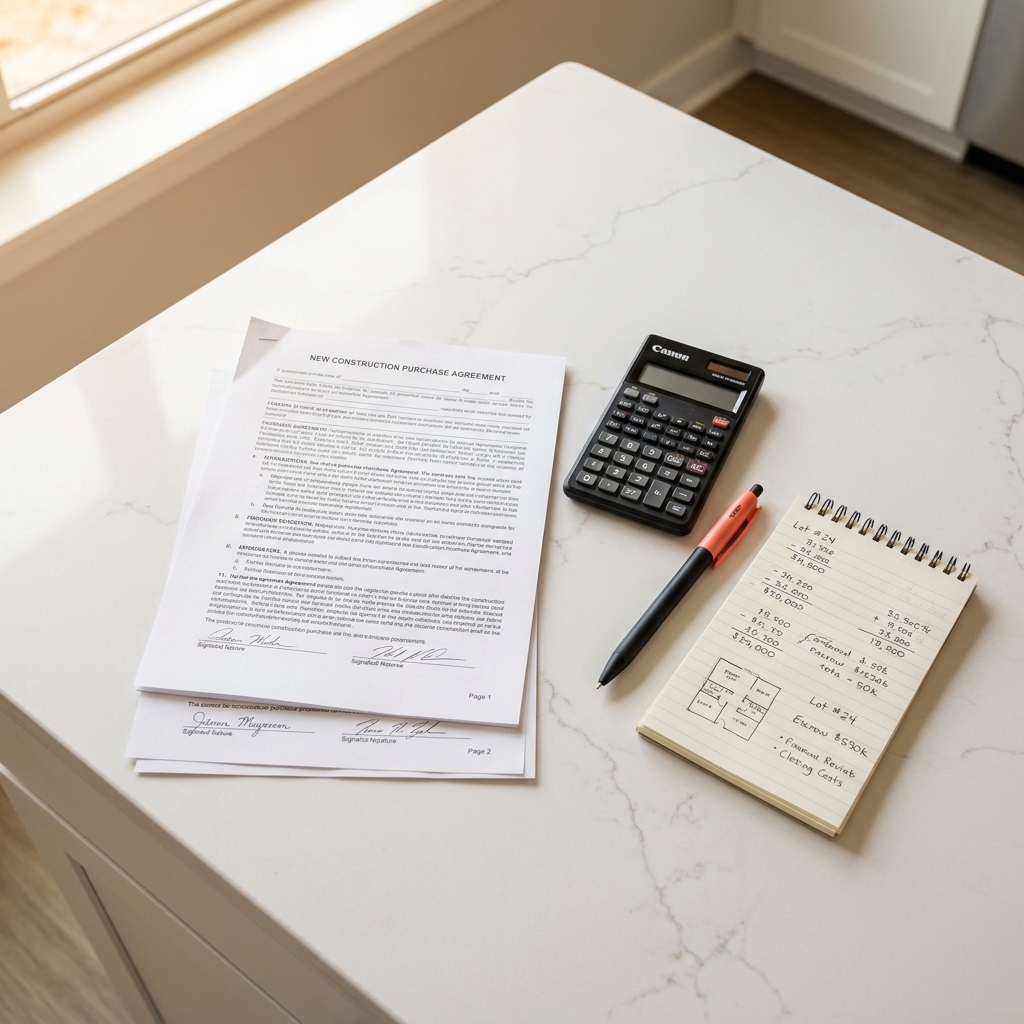 New construction purchase contract and financial documents flat lay
