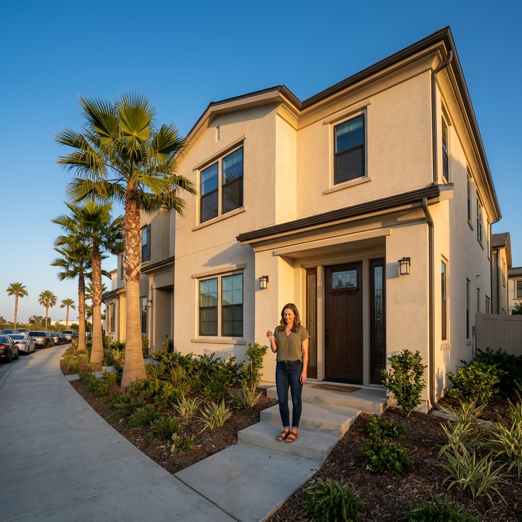Woman holding house key on doorstep of new SoCal suburban home