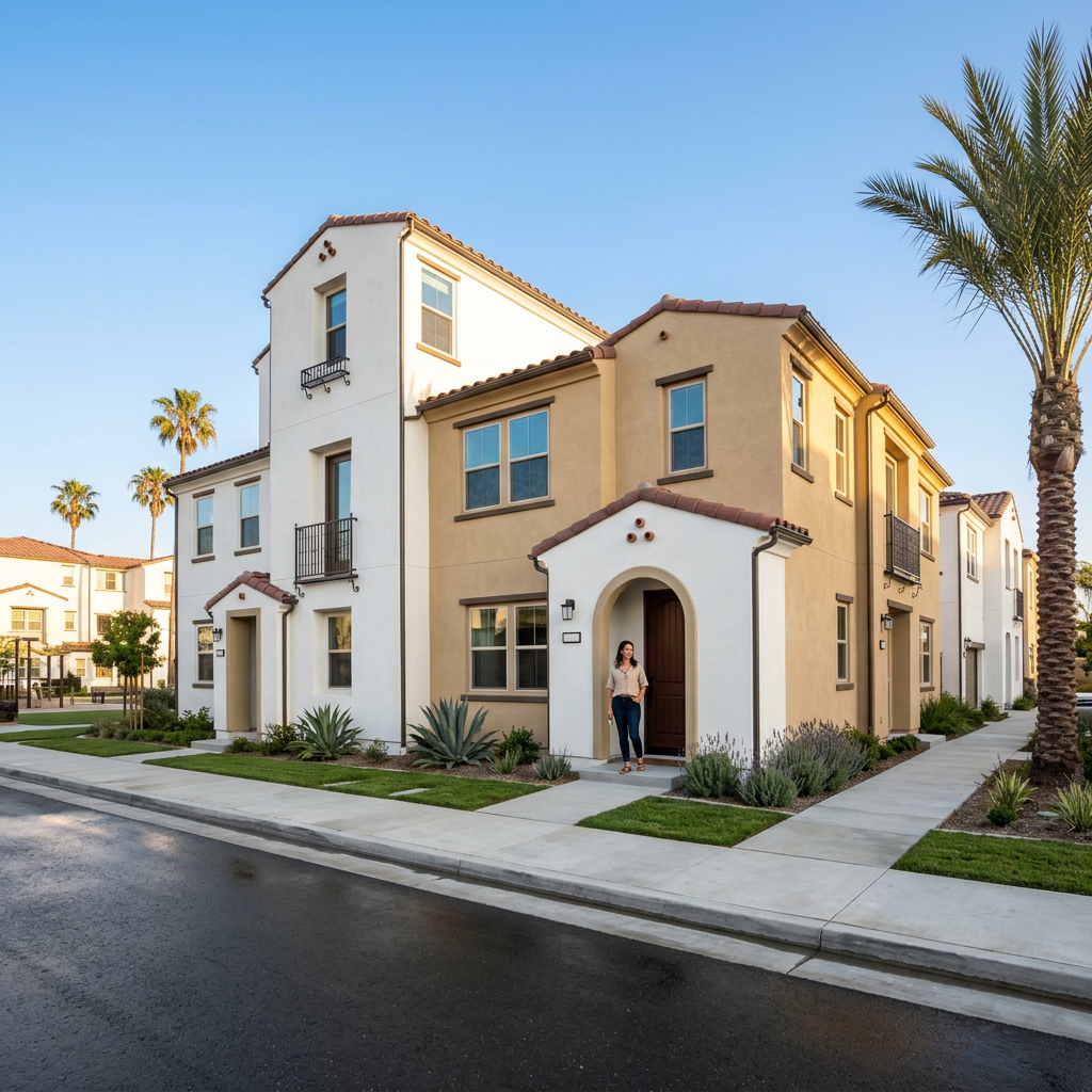 Woman holding house key at doorstep of new SoCal construction home