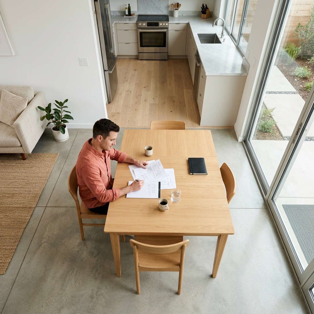 Man reviewing new construction documents at modern dining table