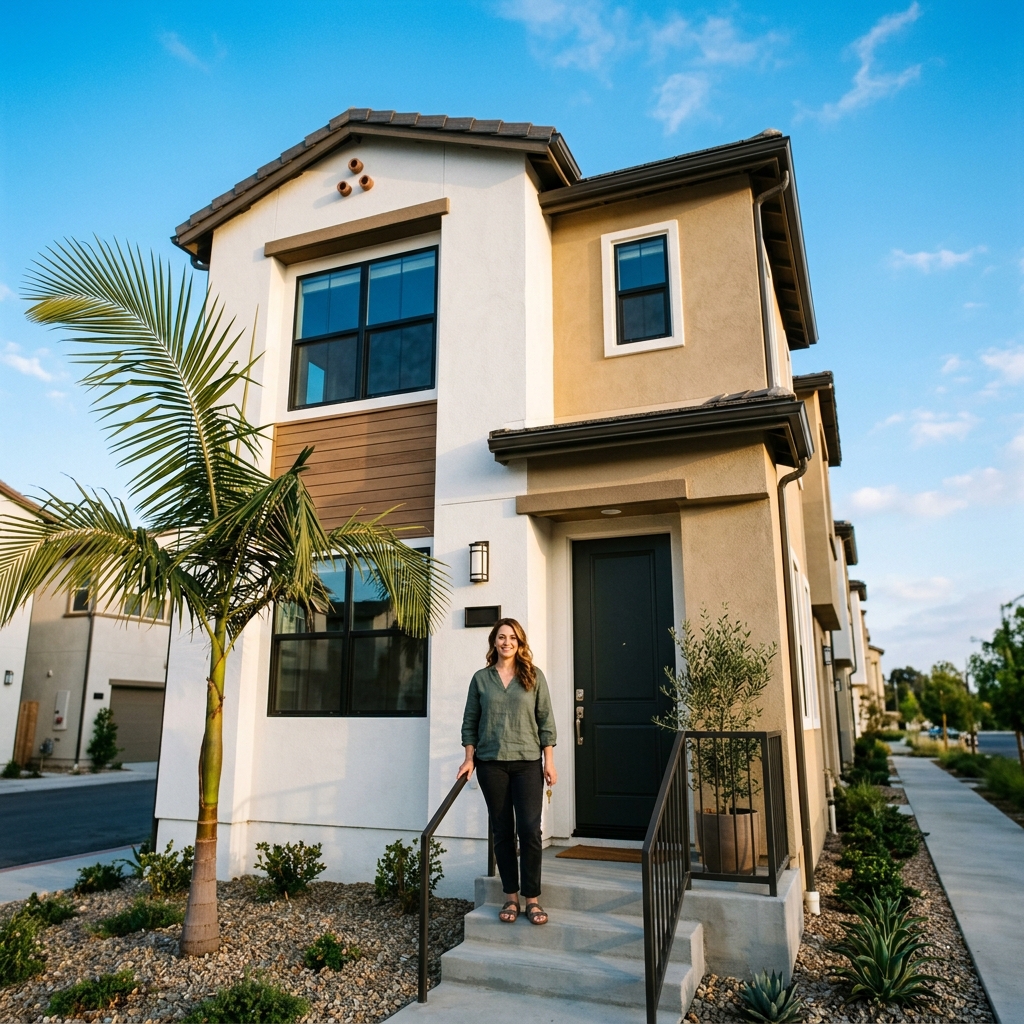 Woman holding house key at new construction home doorstep