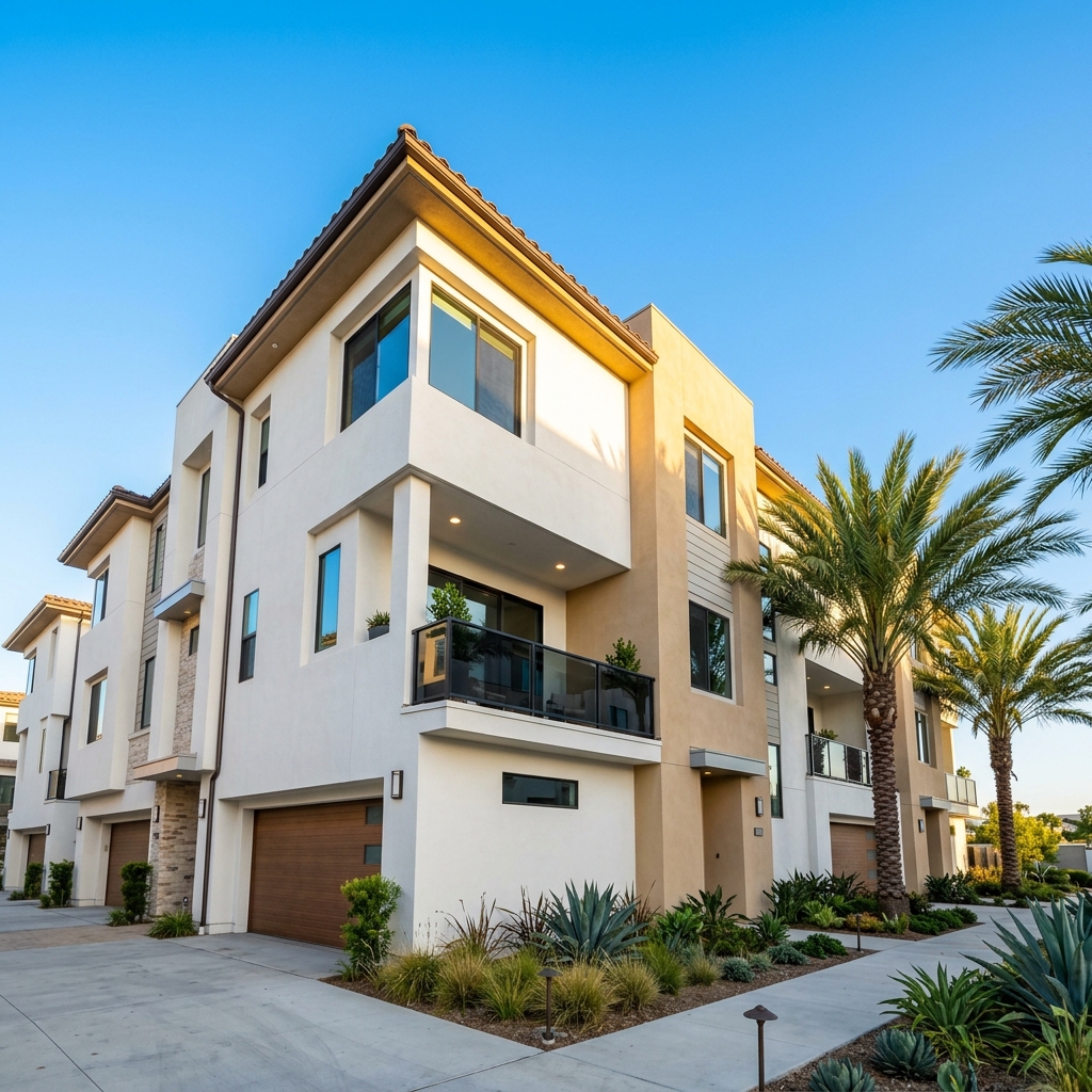 Newly built stucco townhome in sunny Southern California community