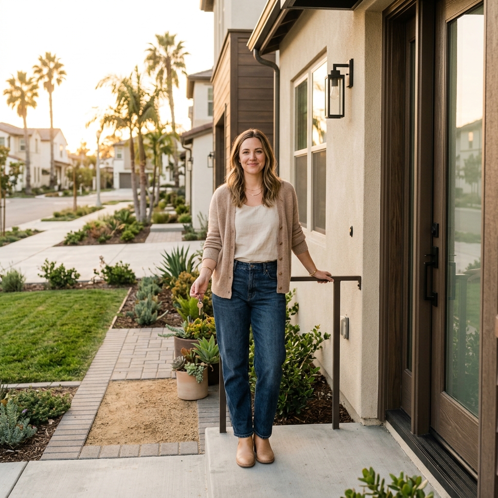 Woman holding house key at doorstep of new construction home