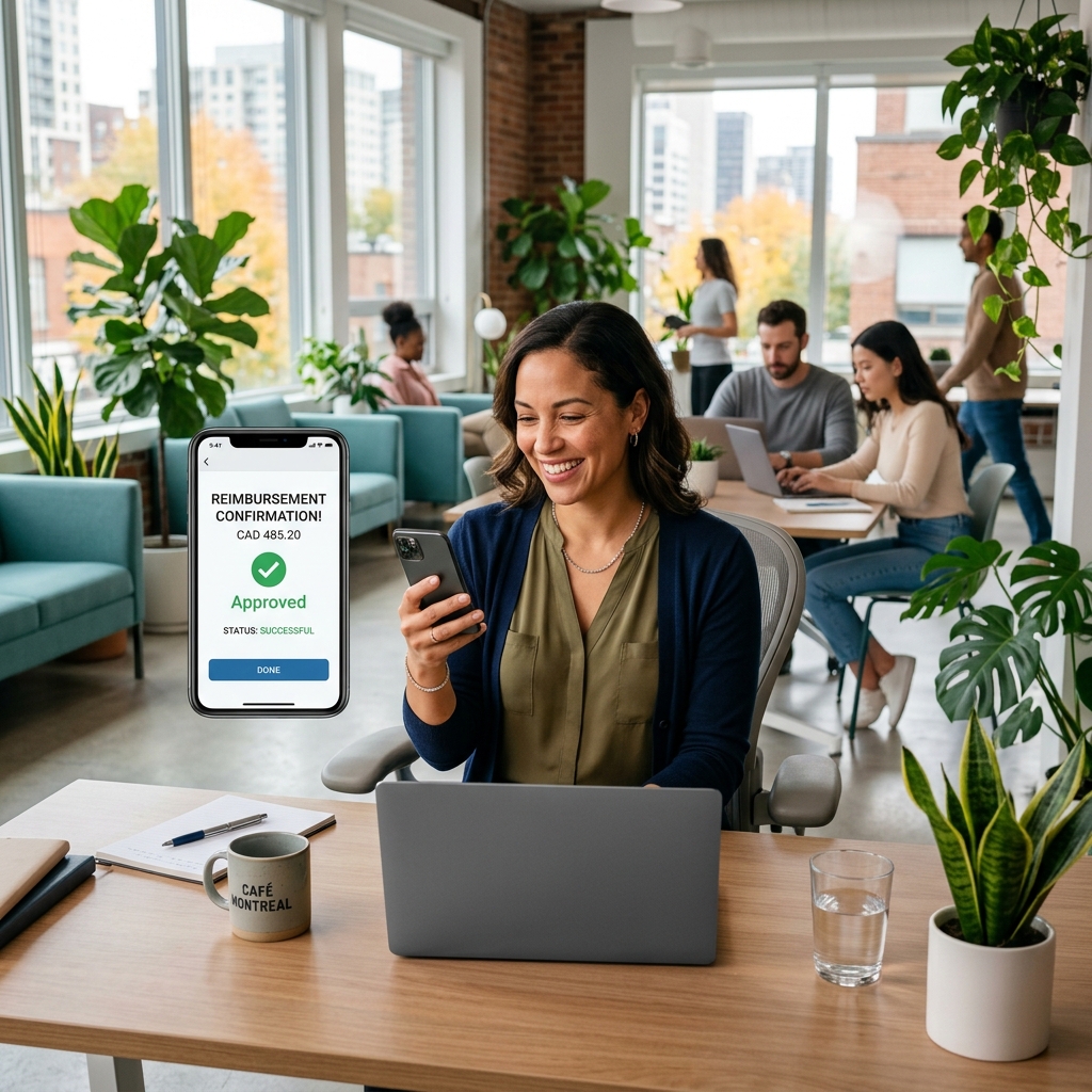 Professional approving benefits claim on mobile app at modern office desk