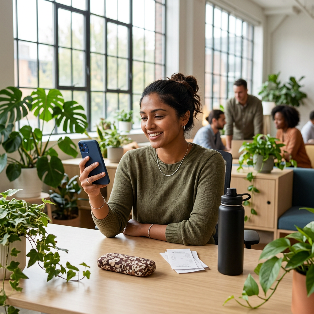 Professional woman reviewing HSA claims on mobile app at desk