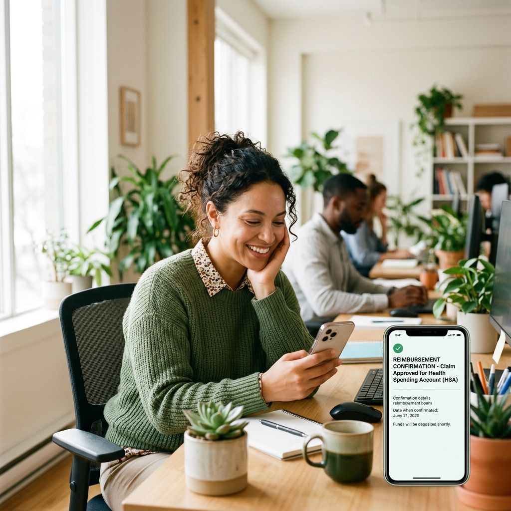 Woman approving HSA reimbursement on mobile app at modern office desk