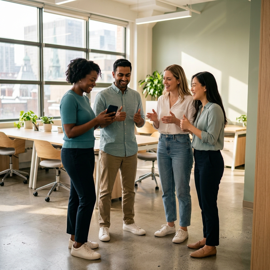 Diverse colleagues celebrating peer recognition in modern office