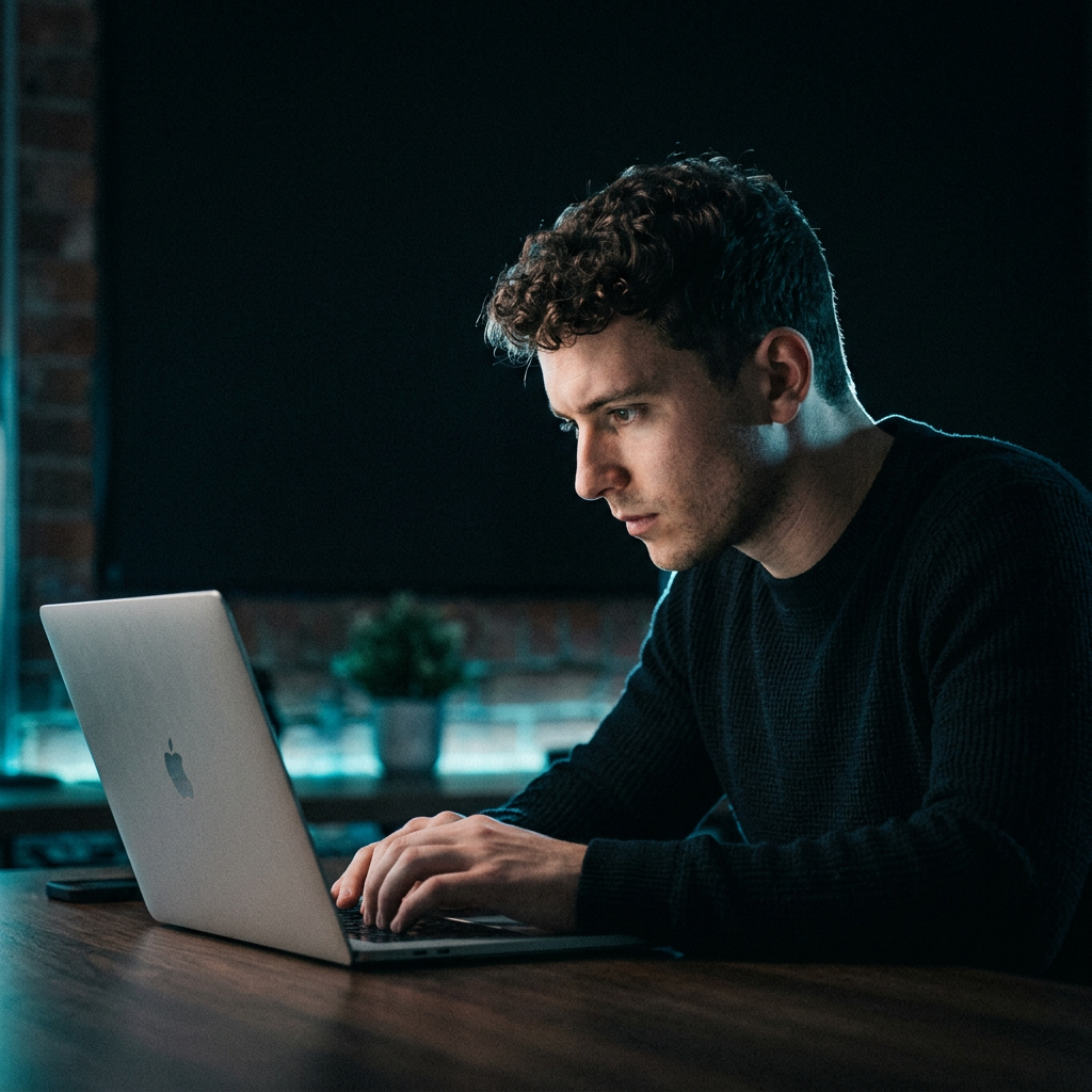 Founder in focused concentration at night workspace