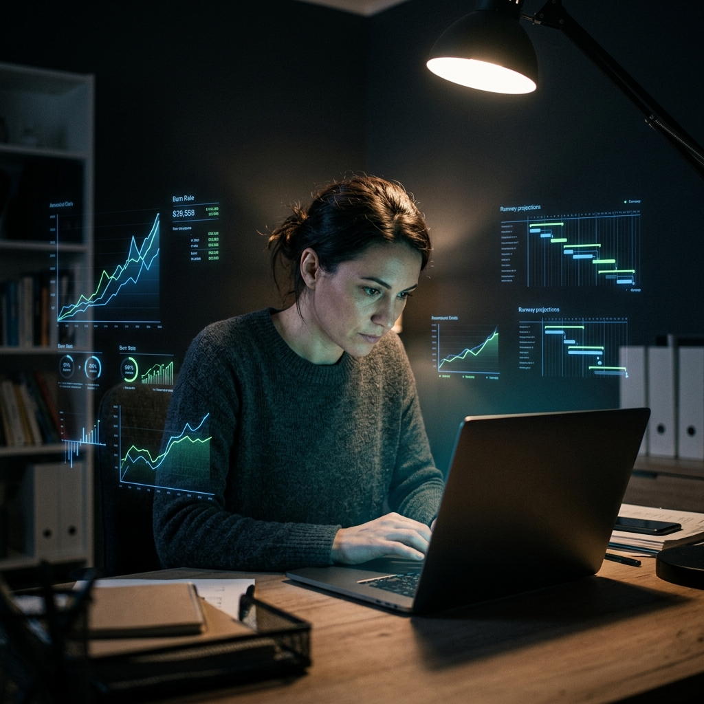 Founder analyzing startup runway metrics in neon-lit workspace