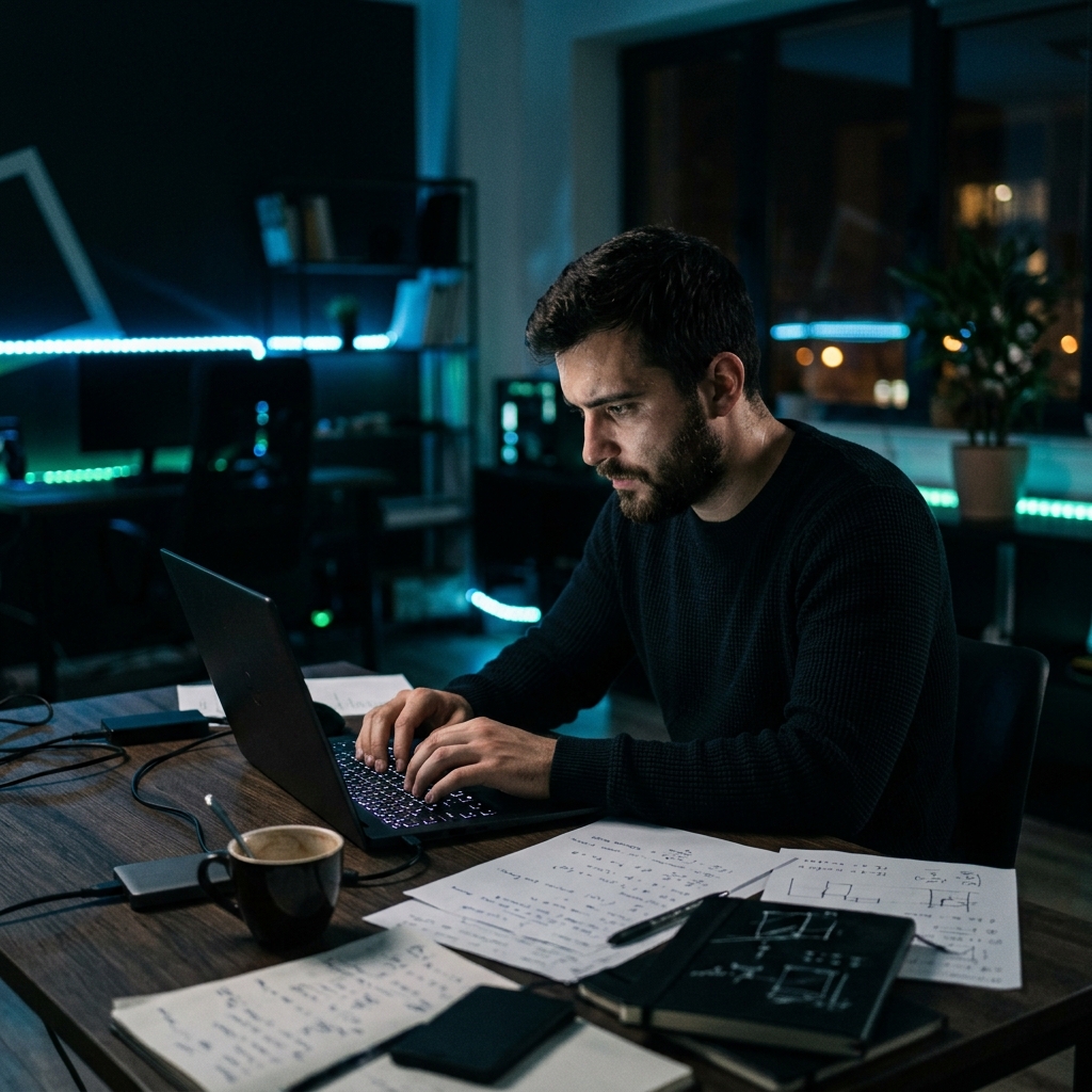 Founder working late night with focused intensity