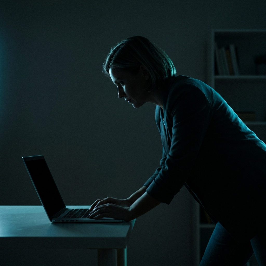 Founder working intensely at laptop with dramatic blue lighting