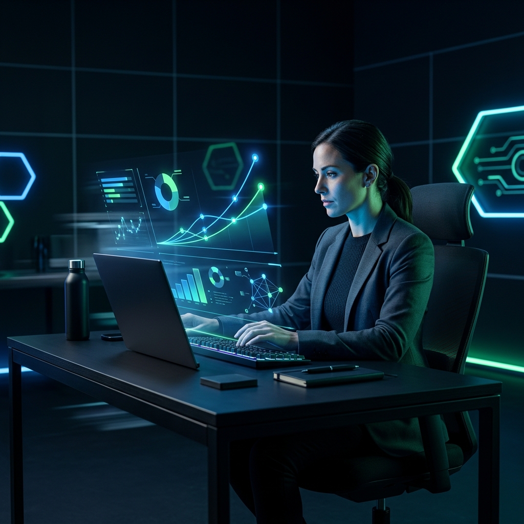 Founder strategizing with holographic funding data visualizations