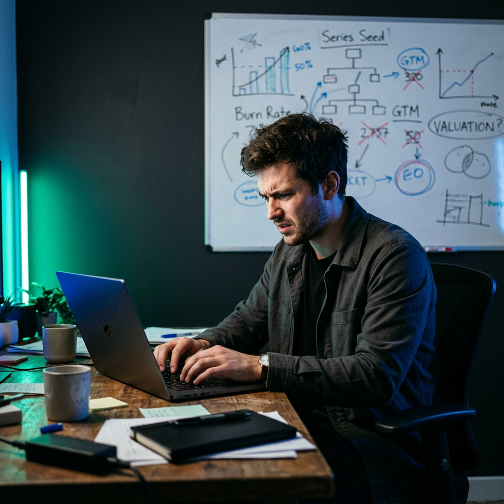 Founder intensely working late on fundraising preparation