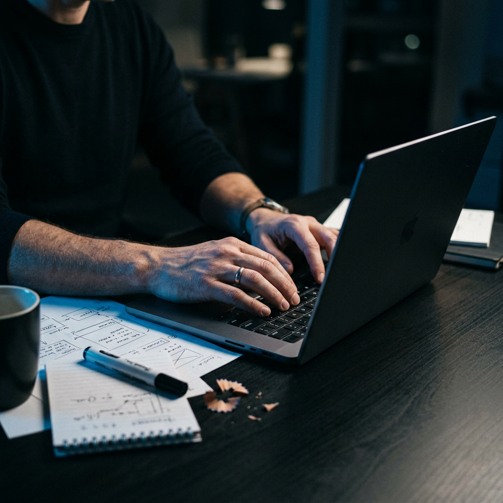 Founder hands working late on revenue strategy model