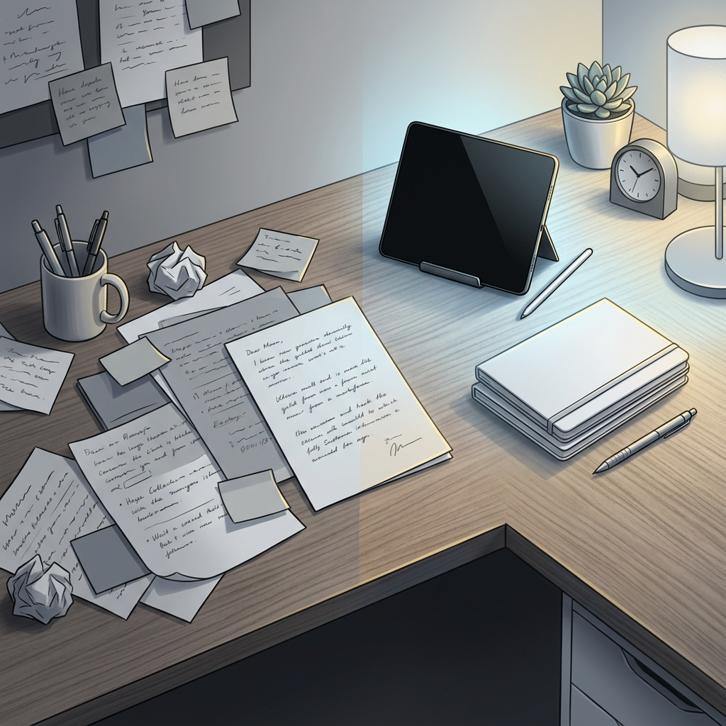 Cluttered desk transforming into organized workspace