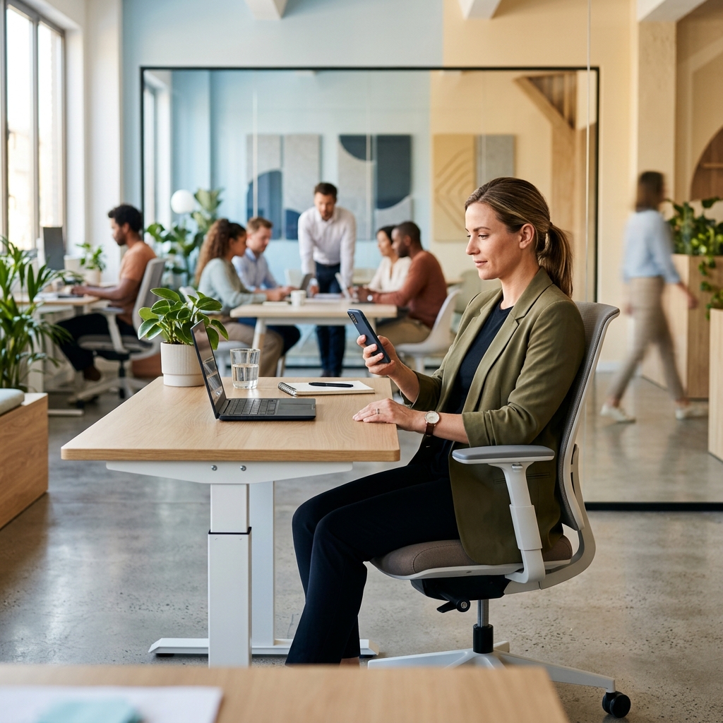 Operations lead checking phone at standing desk