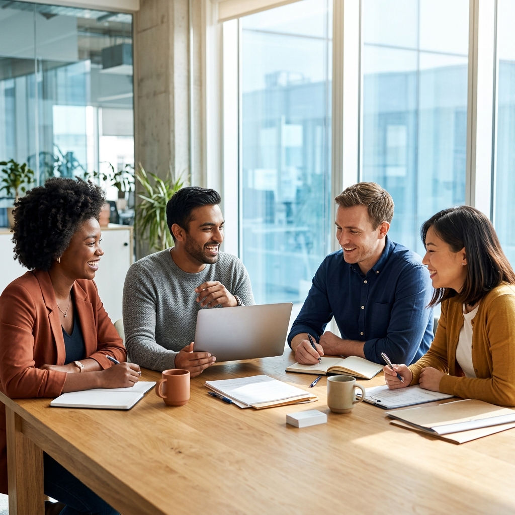 Small team collaborating at table in bright office