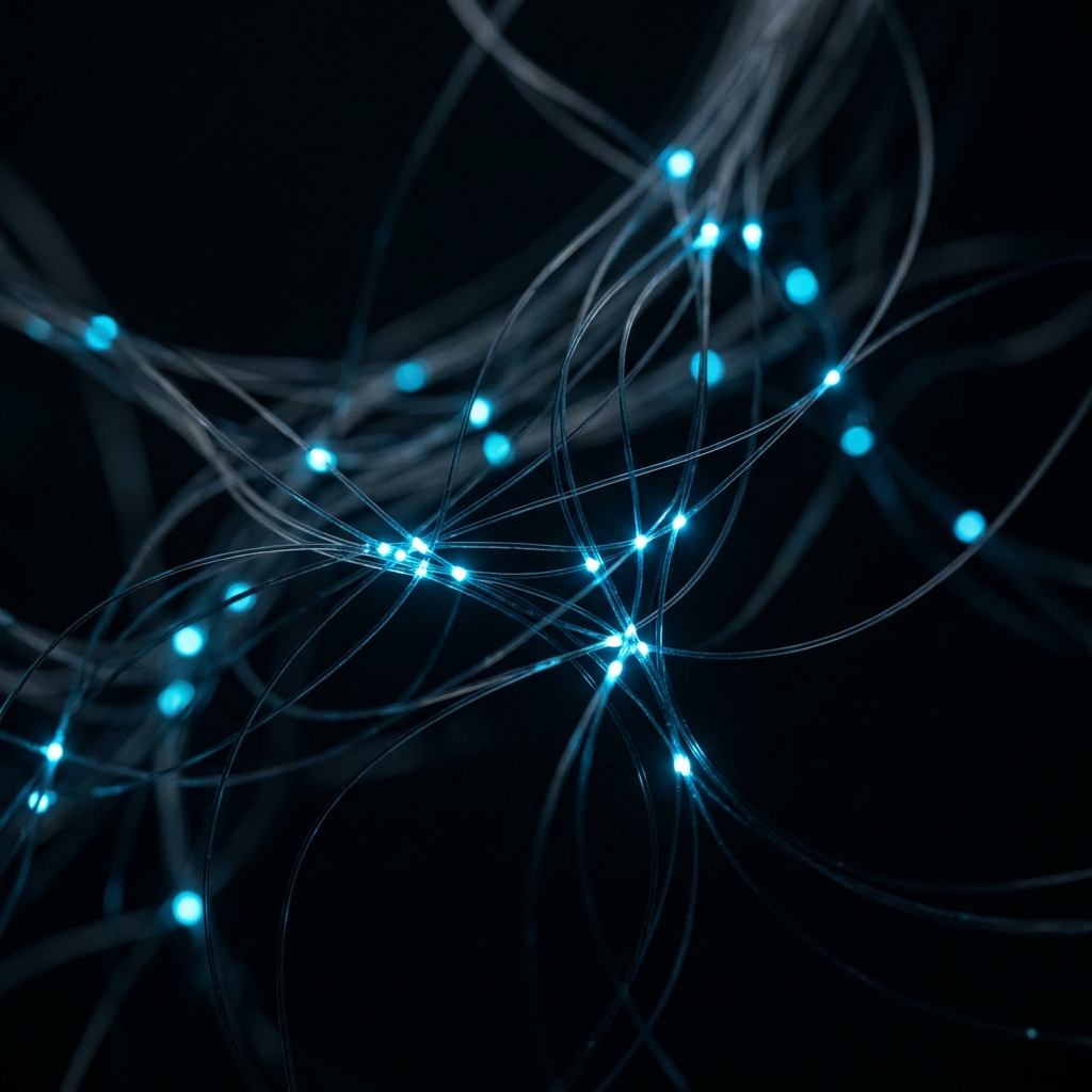 Luminous network nodes connected by fiber pathways