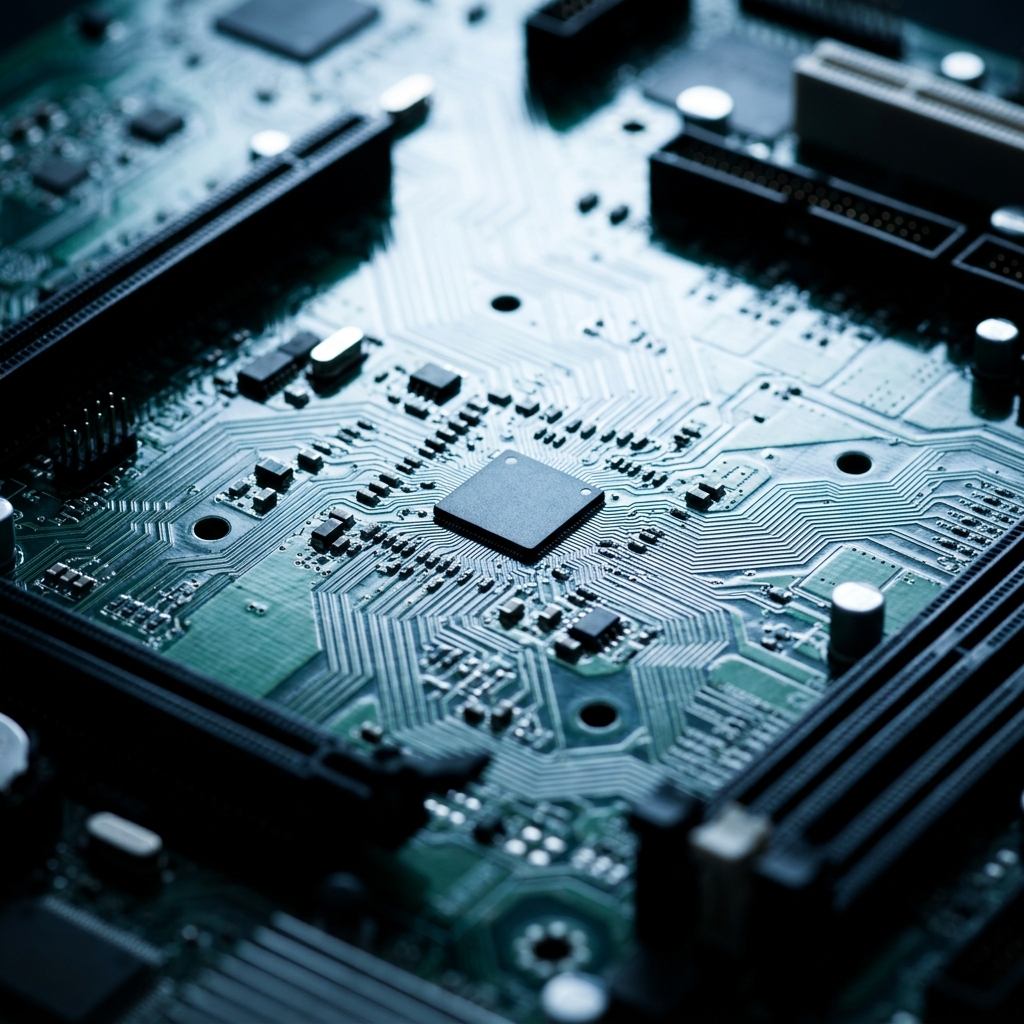 Precision circuit board pathways under studio lighting