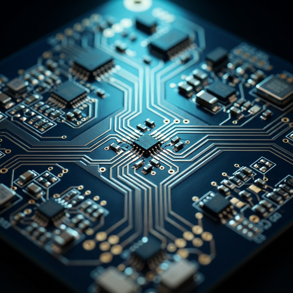 Precision circuit pathways with cyan accent lighting