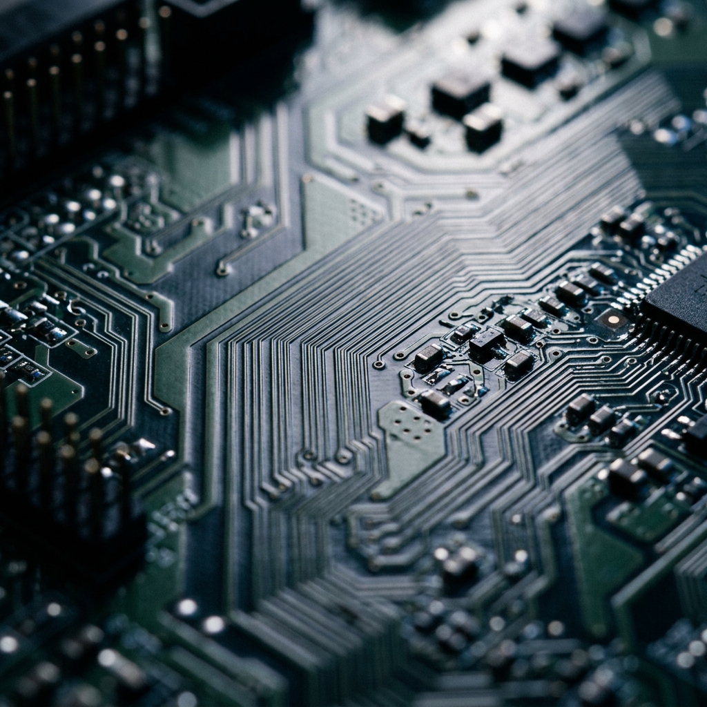 Circuit board pathways with precision lighting and shadows
