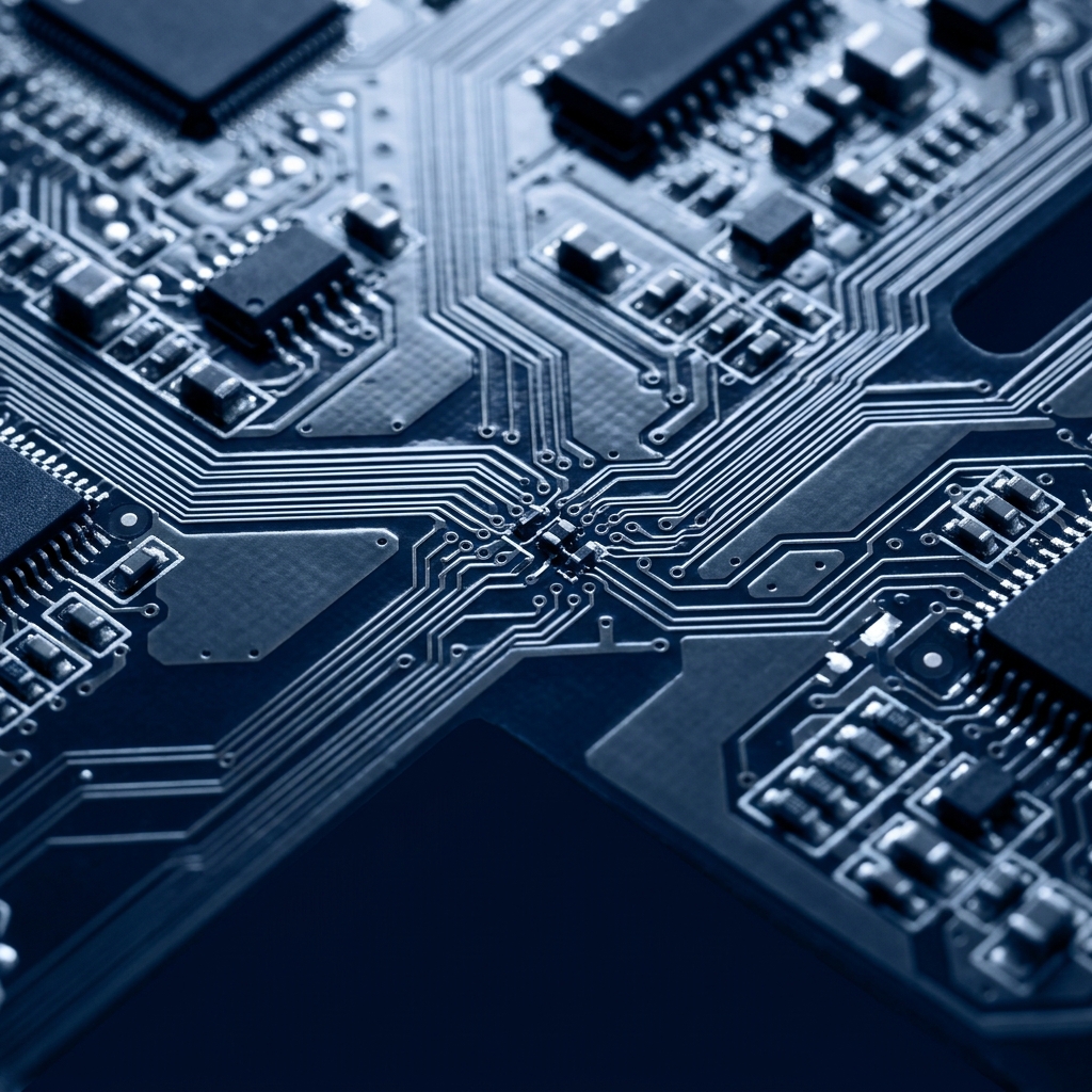 Circuit board pathways showing data junction convergence