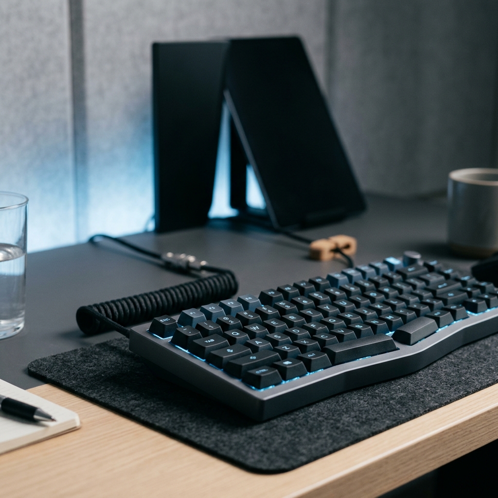 Developer workspace with mechanical keyboard in focus