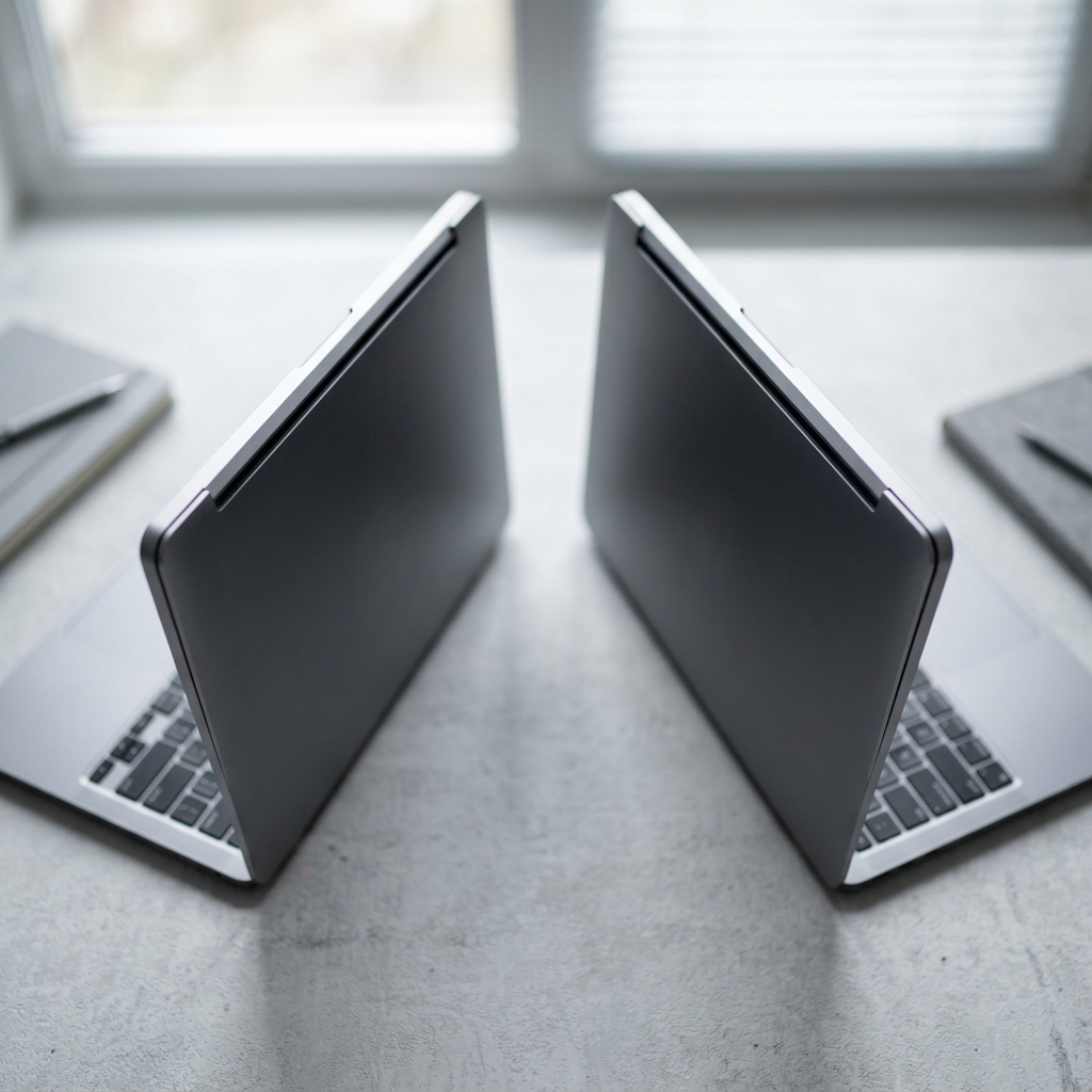 Two computers side by side on neutral desktop
