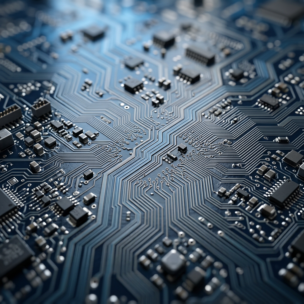 Close-up circuit board pathways showing interconnected routes