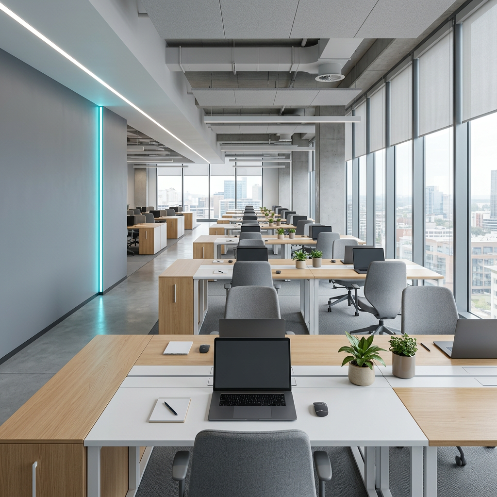 Contemporary office workspace with multiple workstations and natural light