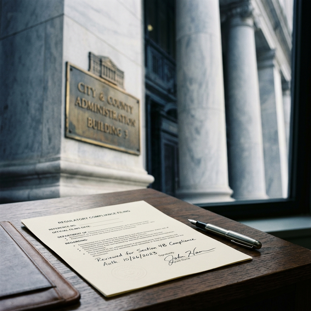 Official regulatory document with government building columns